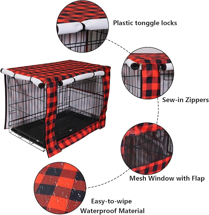 Pethiy Dog Crate Cover Durable Polyester Pet Kennel Cover Universal Fit for Wire Dog Crate - Fits Most 48 inch Dog Crates - Cover only-Red Plaid-48