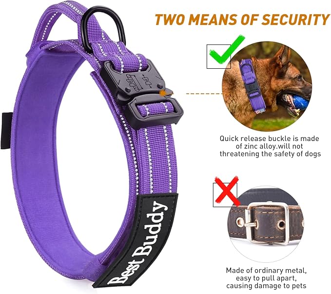 AUBELL Reflective Dog Collar, Tactical Dog Collar for Medium Dogs, Heavy Duty Dog Collar with Handle and Metal Buckle Great for Female Dogs, with Airtag Holder and 2 Patches(Purple, M)