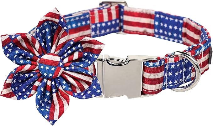 Lionet Paws Patriotic Female Dog Collar with Flower, 4th of July, Soft and Comfortable Adjustable American Flag Collar for Dogs, Small, Neck 10-16 inches