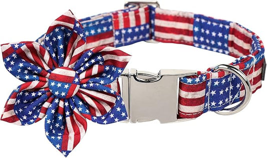 Lionet Paws Patriotic Female Dog Collar with Flower, 4th of July, Soft and Comfortable Adjustable American Flag Collar for Dogs, Small, Neck 10-16 inches