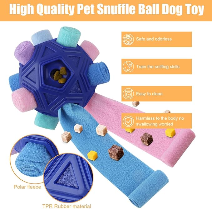 Dog Snuffle Ball-Interactive Puzzle Dog Toys Encourage Natural Foraging Skills Slow Feeder for Training and Stress Relief, Cloth Strip Hiding Food Chew Toys for Any Size Dogs with Squeaky Carrot