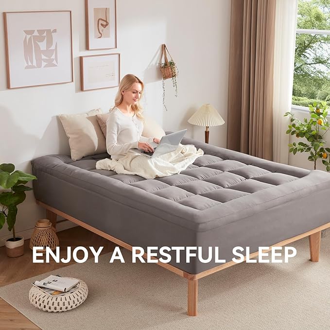 BDEUS Dual Layer 5 Inch Memory Foam Mattress Topper Twin Size, 2 Inch Gel Memory Foam Plus 3 Inch 1450 GSM Down Alternative Quilted Pillow Top Mattress Pad Cover,Dark Gray