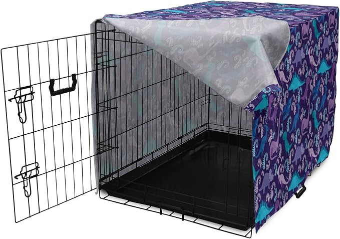 Lunarable Jurassic Dog Crate Cover, Abstract Cartoon Dinosaur Pattern Ferns Caricature Style Creatures Prehistoric, Easy to Use Pet Kennel Cover for Medium Large Dogs, 48 Inch, Blue Purple