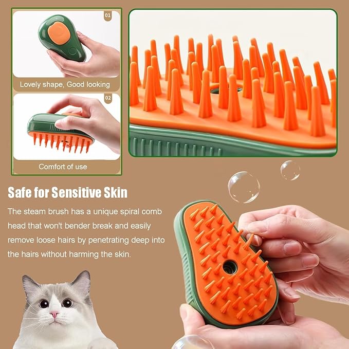 Cat Steam Brush, 3 in 1 Cat Brush for Shedding,Spray Cat Brush For Pets Grooming, Portable Pets Hair Removal Tool For Cats and Dogs, Pets Steamy Brush With Water Tank,Green