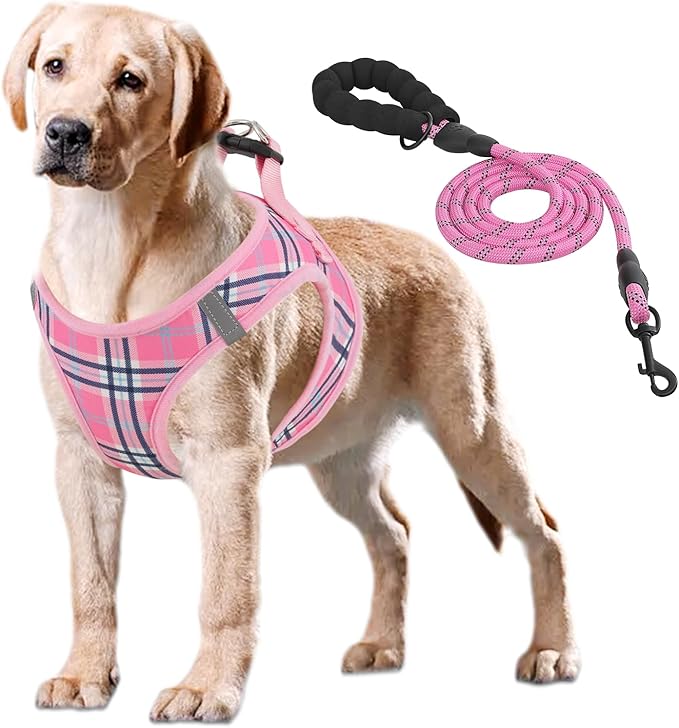 Athena Collection Step-in Dog Harness with 5 ft Leash, Large Dog Harness Leash Set Large No Pull Dog Vest Harness with Reflective Strips Adjustable Velcro, Easy Walk Dog Harness, Pink