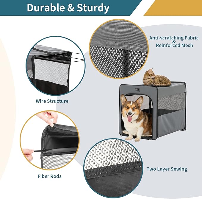 PETSFIT Portable Dog Crate, Travel Dog Crate - 24 Inch with Thicken Mat, Easy to Fold, Sturdy and Portable, Perfect for Traveling, Soft Dog Kennel Grey