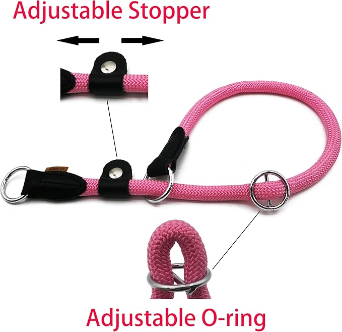 Braided Rope Collar, Training Dog Collar, Round Martingale Collar, Slip Collar with Adjustable Stopper and Slidable Stop Ring - Ideal for Small Dogs (S(1/4") - 14" Long, Pink)