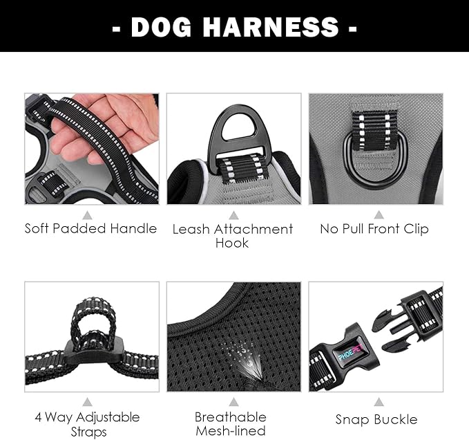 PHOEPET No Pull Dog Harness Medium Reflective Front Clip Vest with Handle,Adjustable 2 Metal Rings 3 Buckles,[Easy to Put on & Take Off](M, Grey)