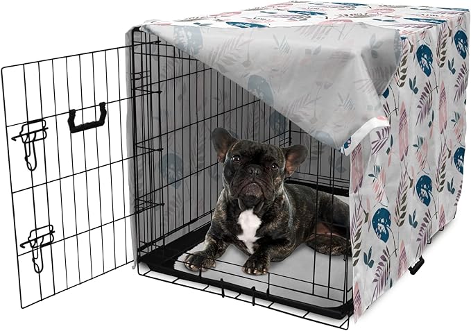 Ambesonne Leaves Dog Crate Cover, Abstract Foliage in Pastel Colors Tropical Jungle Forest Plants with Grunge Effect, Easy to Use Pet Kennel Cover for Medium Large Dogs, 30 Inch, Petrol Blue Baby Pink