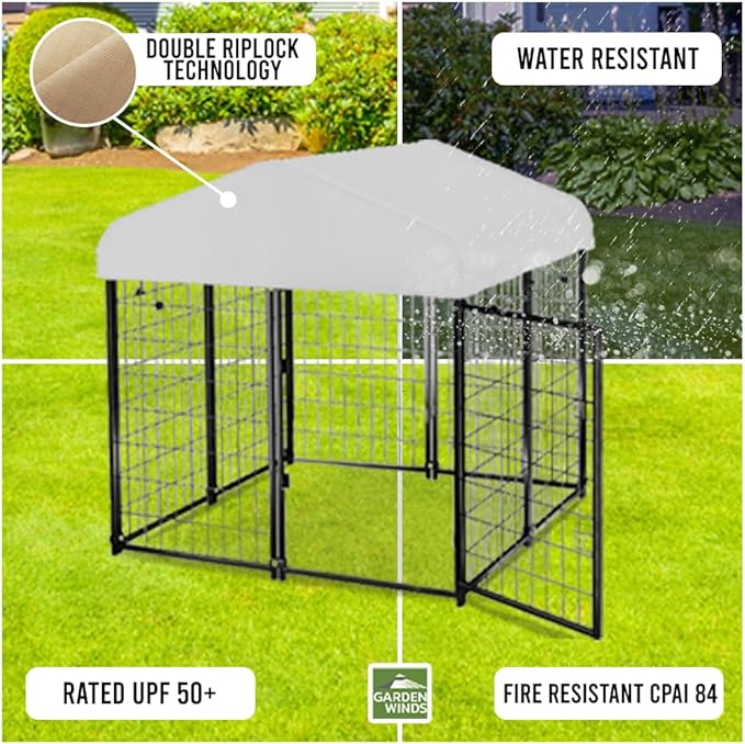 Garden Winds Custom Fit Replacement Canopy Top Cover Compatible with The Lucky Dog CL 60445 4’ Uptown Welded Outdoor Dog Kennel Playpen - Upgraded Performance RipLock 350 Fabric - Slate Gray
