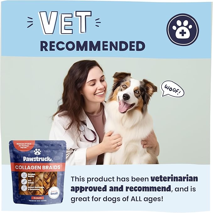 Pawstruck Natural 5-7” Beef Collagen Braids for Dogs - Healthy Long Lasting Alternative to Traditional Rawhide & Bully Sticks Chew Treats w/Chondroitin & Glucosamine - 5 Count - Packaging May Vary