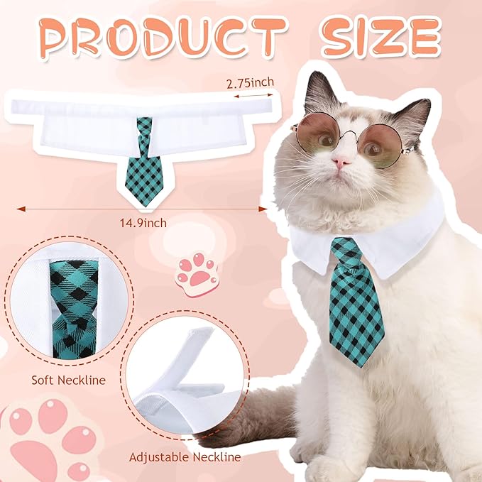 Weewooday 8 Pcs Pet Dog Cat Costume Cat Tie Collar Glasses for Small Dog Round Metal Retro Sunglasses Tie Pet Costume Tuxedo Necktie Collar Puppy Accessories Halloween Cosplay Party(Elegant Colors)