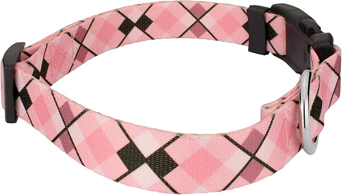 Country Brook Petz - Deluxe Pink and Brown Argyle Dog Collar - Made in The U.S.A. - Plaid and Argyle Collection Featuring Charming Designs (1/2 Inch, Extra Small)
