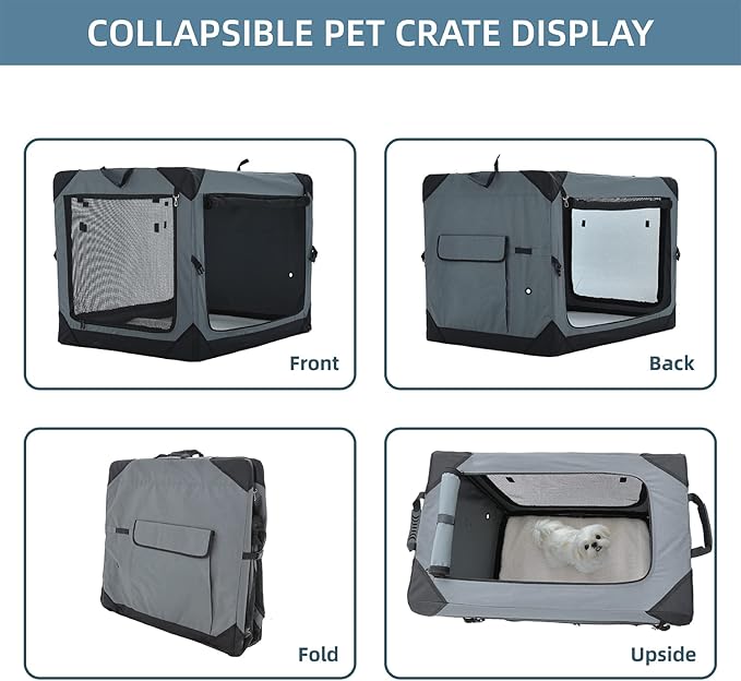 Pettycare 36 Inch Collapsible Crate for Large Dogs, 4-Door Foldable Soft Kennel with Chew Proof Mesh Windows for Indoor & Outdoor Travel