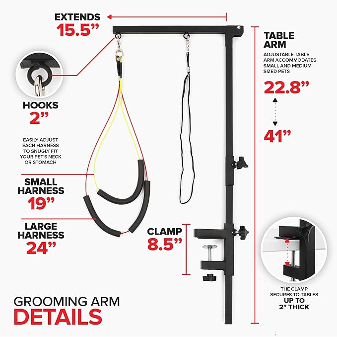 Modern Innovations Dog Grooming Arm, 12-Piece Dog Grooming Table Arm with Clamp & Tool Kit, Harness +Accessories for Small/Medium Dogs, Shears, Curved & Straight Haircut Scissors, Nail Clippers, Comb