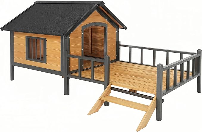Ball & Cast 67" Outdoor Wooden Dog House with Waterproof Asphalt Roof,All-Around Iron Frame Kennel with Resting Porch for Large Dogs(71-90 lbs),Durable Yard Cabin for Pets,Honey
