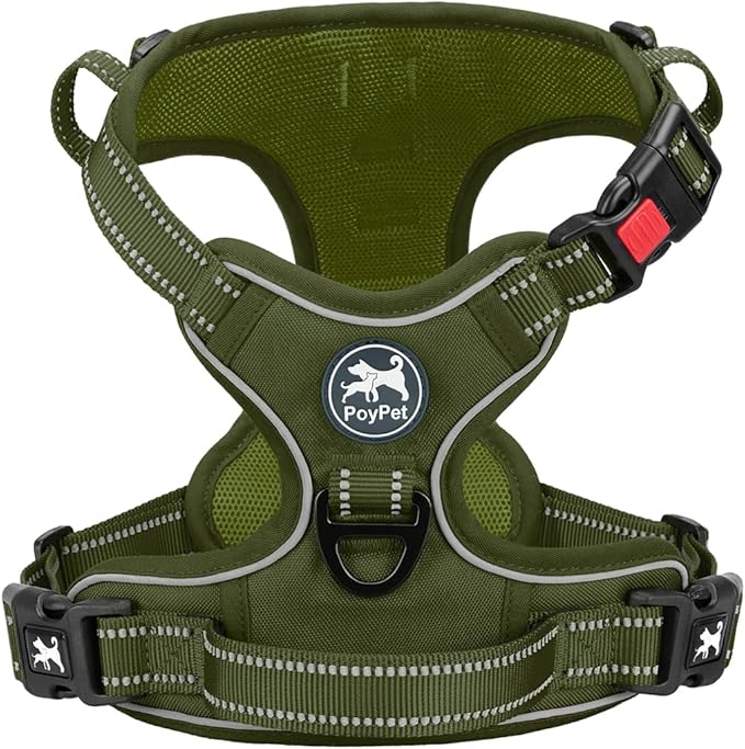 PoyPet No Pull Dog Harness, No Choke Reflective Dog Vest, Adjustable Pet Harnesses with Easy Control Padded Handle for Small Medium Large Dogs(Military Green,S)