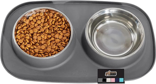 GORILLA GRIP Patent Pending 100% Waterproof BPA Free 4 Cup Cat and Dog Bowls Silicone Feeding Mat Set, Stainless Steel Bowl Slip Resistant Raised Edges, Catch Water, Food, Pet Accessories, Gray