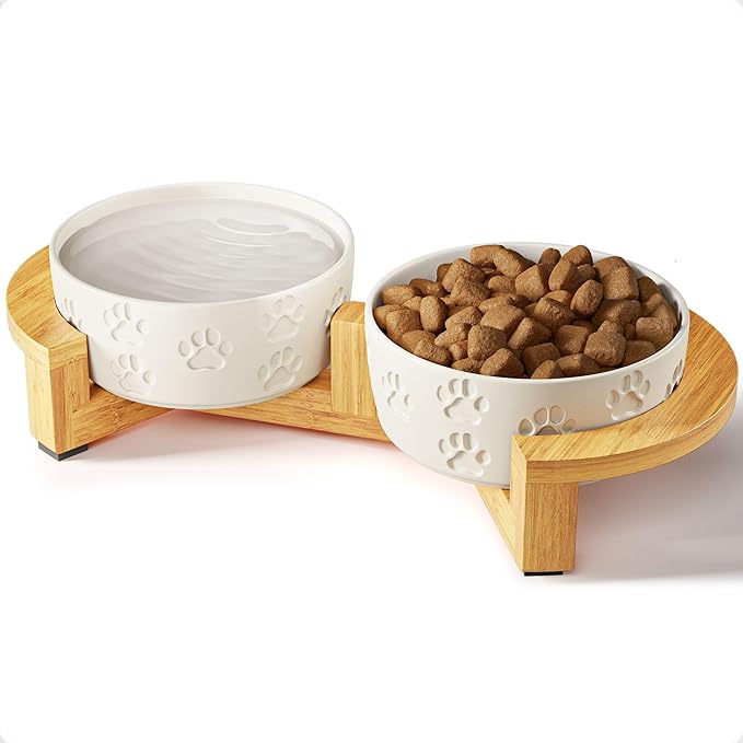 Ceramic Dog Bowls with Stand - Small Dog Bowl Set with Stand Non-Slip - 2 Ceramic Dishes with Anti-Skid Bamboo Stand for Small Dogs - Elevated Dog Bowls Set of 2 - Raised Pet Feeding Station