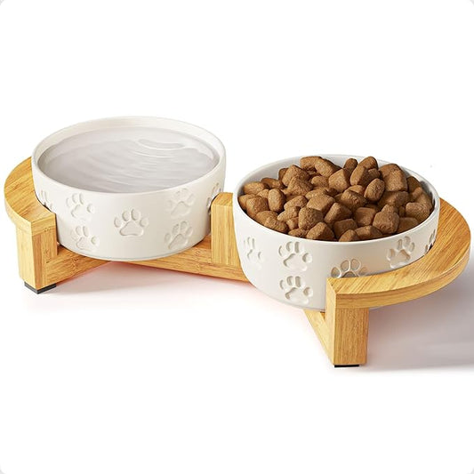 Ceramic Dog Bowls with Stand - Small Dog Bowl Set with Stand Non-Slip - 2 Ceramic Dishes with Anti-Skid Bamboo Stand for Small Dogs - Elevated Dog Bowls Set of 2 - Raised Pet Feeding Station