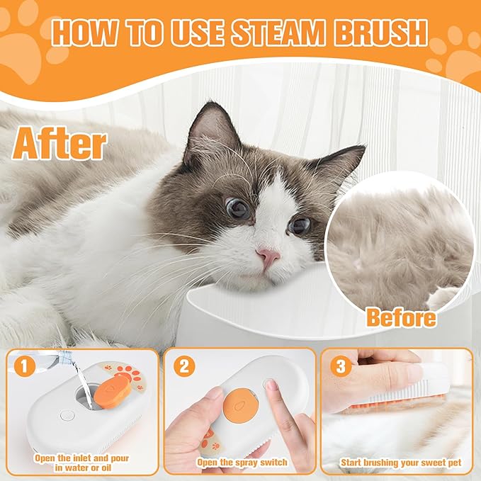 Cat Steam Brush,Silicone Dog Steamy Brushes,Rechargeable Pets Steam Brush for Dogs and Cats,Spritz Defur Comb for Cats,3 In 1 Pet Hair Remover Comb for Massage Grooming,Cleaning,Shedding White