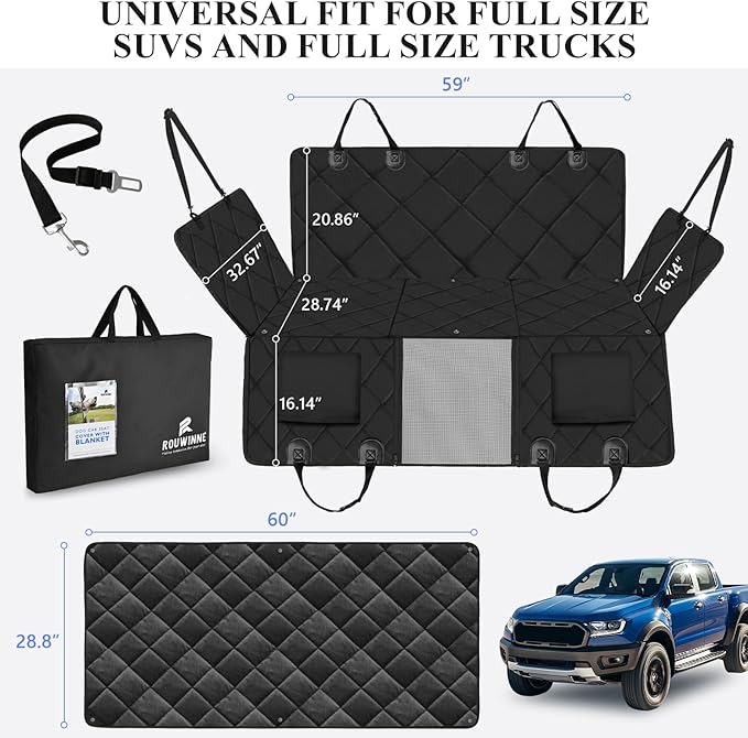 Back Seat Extender for Dogs Truck-with Soft Blanket, Truck Dog Seat Cover Back Seat Hard Bottom Holds 400lbs, Sturdy Pet Seat Covers for Trucks, Waterproof Backseat Dog Hammock for Truck