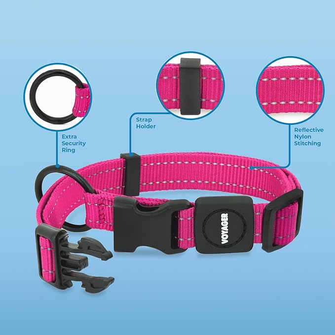 Voyager Reflective Dog Leash Collar Set with Neoprene Handle Supports Small, Medium, and Large Breed Puppies, Cute and Heavy Duty for Walking, Running, and Training - Fuchsia, S