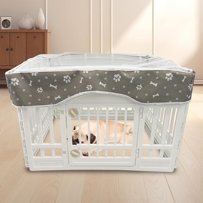 PJYuCien Dog Playpen Mesh Top Cover, Fits 36 Inch 4 Panels Regular Square Plastic Exercise Pet Pen, Adhesive Tape Connections, Grey paw(Note: Cover Only, Fence Not Included)