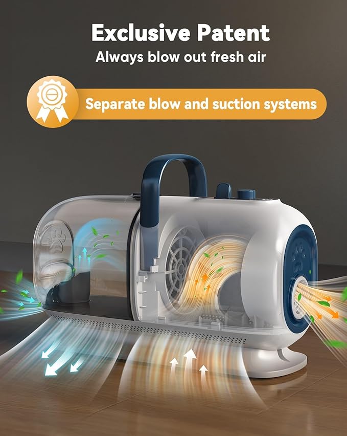 oneisall Dog Vacuum & Dryer for Shedding Grooming, 8 in 1 Dog Grooming Kit with Metal Blades Pet Clippers, Adjustable Speed and Temperature Control Blower