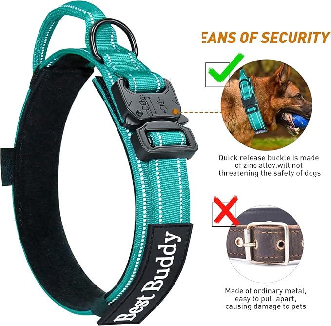 AUBELL Tactical Dog Collar - Adjustable Military Training Nylon Reflective Collar with Handle and Heavy Duty Durable Metal Buckle for Medium Large Dogs, with Airtag Holder and Patches(Teal, L)
