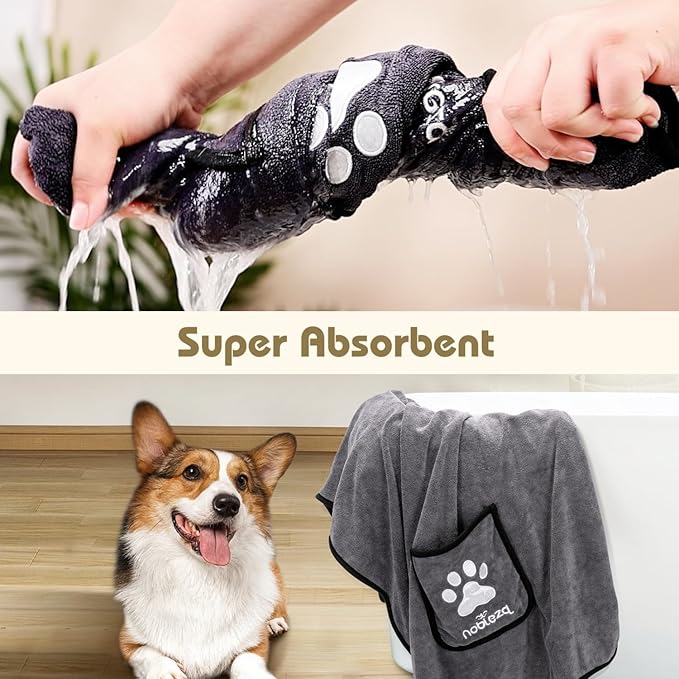 Nobleza Super Absorbent Large Dog Towels with Hand Pockets, Soft Microfiber Quick Drying Dog & Cat Bath Towel, Gray