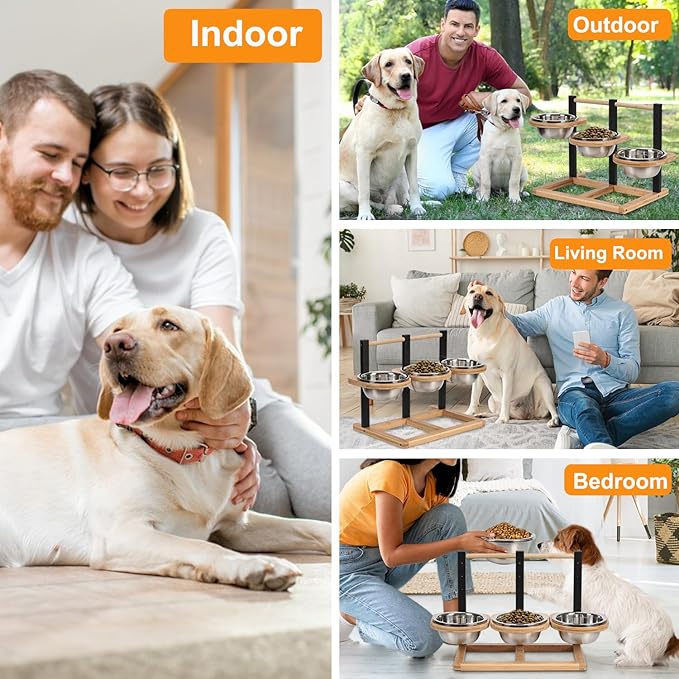 handrong Elevated Dog Bowl,5 Height Adjustable Raised Dog Bowl,Dogs Food Bowls Stand Feeding Station with 3 Food and Water Bowls for Medium,Large Dogs