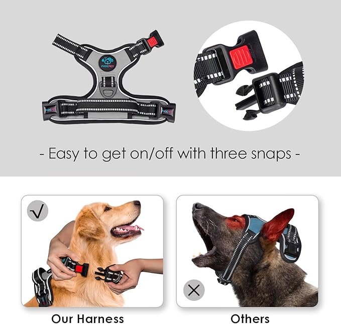 PHOEPET No Pull Dog Harness Medium Reflective Front Clip Vest with Handle,Adjustable 2 Metal Rings 3 Buckles,[Easy to Put on & Take Off](XS, Grey)