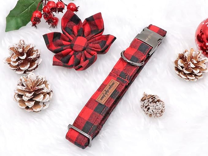 Uniqe Style Paws Christmas Grid Dog Collar, Female or Male Adjustable Dog Collar with Flower, Durable Floral Pattern Pet Collar for X-Small Dogs and Cats