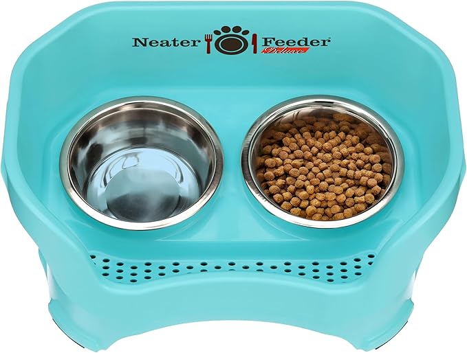 Neater Feeder Deluxe Mess Proof Dog Bowls Elevated Medium Sized Dog Breed – Made in USA – No Spill Raised Dog Food Bowl Stand – Stainless Steel Food and Water Bowl Set, Pet Feeding Station, Aquamarine