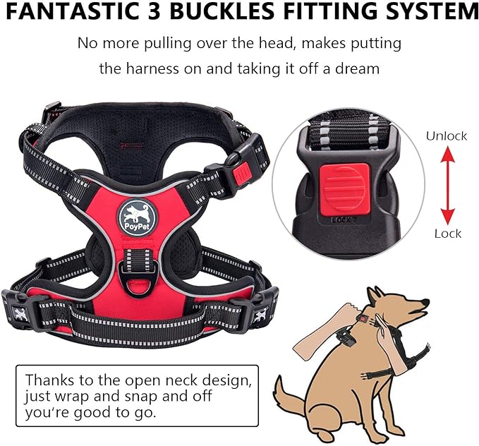 PoyPet No Pull Dog Harness, No Choke Front Clip Dog Reflective Harness, Adjustable Soft Padded Pet Vest with Easy Control Handle for Small to Large Dogs(Red,M)