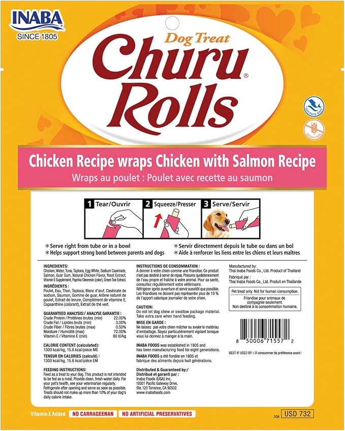 INABA Churu Rolls for Dogs, Grain-Free, Soft/Chewy Baked Chicken Wrapped Churu Filled Dog Treats, 0.42 Ounces Each Stick| 48 Stick Treats Total (8 Sticks per Pack), Chicken with Salmon Recipe