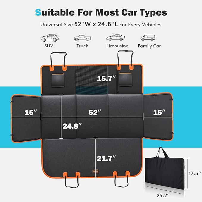 Back Seat Extender for Dogs, Dog Car Seat Cover for Back Seat Hard Bottom Holds 400LBS, Backseat Dog Cover Bed PU Leather-Waterproof Anti-Scratch, Dog Hammock for Car SUV Protector with Dog Seat Belt