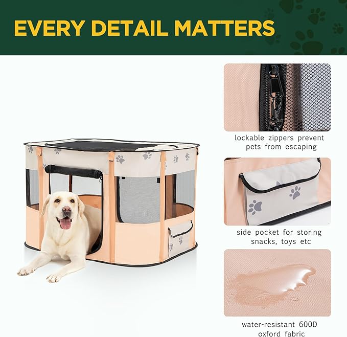 Avont Portable Dog Cat Playpen, Foldable Pop Up Pet Play Pen Travel Crate with Floor and Mesh Door Top for Indoor Outdoor Collapsible Tent Cage -L, Orange