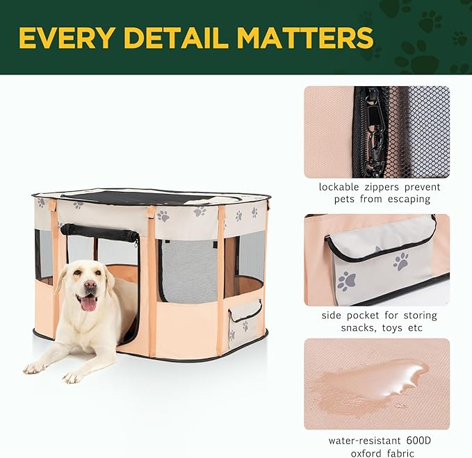 Avont Portable Dog Cat Playpen, Foldable Pop Up Pet Play Pen Travel Crate with Floor and Mesh Door Top for Indoor Outdoor Collapsible Tent Cage -M, Orange