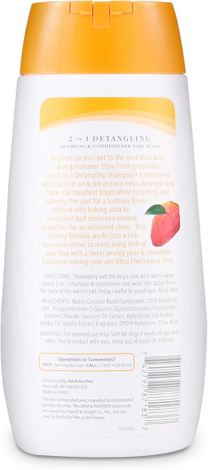 Arm & Hammer Ultra Fresh 2-in-1 Detangling Shampoo and Conditioner, Cucumber & Pear Scent - Dog Wash with Coconut Oil, Baking Soda for Odor Control, Pet Grooming Supplies, 16 Fl Oz