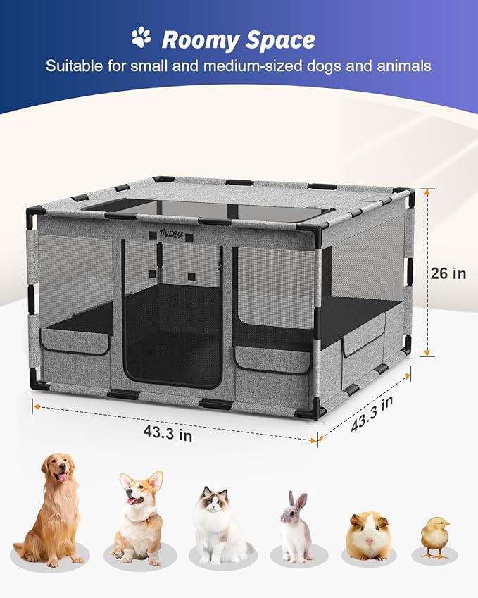 Dog Playpen, 43x43x26 Inches Puppy Playpen Portable with Top Cover, Thickened Fabric Tear Resistant Waterproof Bottom with Breathable Mesh Dog Fence for Indoor and Outdoor, Gray