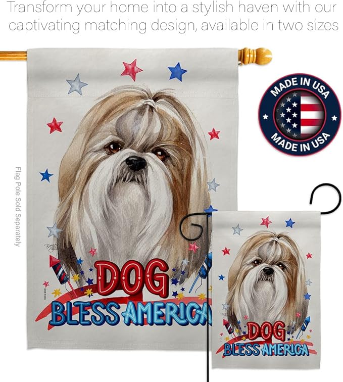 Breeze Decor Patriotic Shih Tzu House Flag Eagle Set Dog Puppy Spoiled Paw Canine Fur Pet Nature Farm Animal Creature Decoration Banner Small Garden Yard Gift Double-Sided, Made in USA