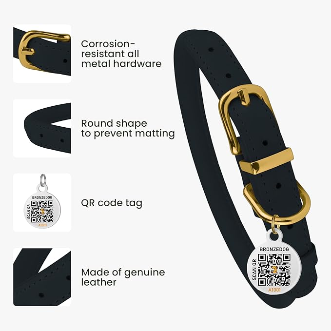 BRONZEDOG Rolled Leather Dog Collar with QR ID Tag Adjustable Soft Round Collars for Small Medium Large Dogs Puppy Cat (11" - 14 1/2" Neck Size, Dark Blue)