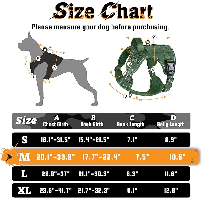 rabbitgoo Dog Harness Medium Sized No Pull, Tactical Service Dog Vest with Molle and Control Handle, Adjustable and Reflective Military Pet Harness for Easy Walking and Training, Green, M