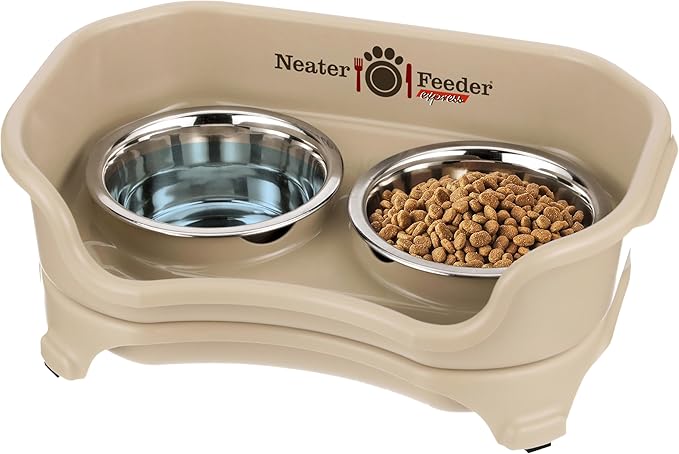 Neater Feeder Express Mess Proof Cat Bowls Elevated, No Spill Cat Feeding Station, Stainless Steel Cat Dishes for Food and Water, Raised Cat Bowls for Indoor Cats, Whisker Friendly Bowls, Almond