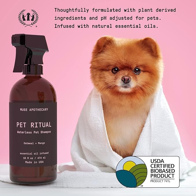 Muse Apothecary Pet Ritual Aromatic Waterless Pet Shampoo - No Rinse Dog Shampoo - Waterless Dog Shampoo for Large Dogs - Essential Oils Infused, 16oz Fresh Bouquet
