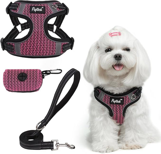 PUPTECK No Pull Dog Harness and Leash Set Reflective No Choke Step in Puppy Halter for XS Small and Medium Sized Dogs, HotPink, Breathable Mesh, S