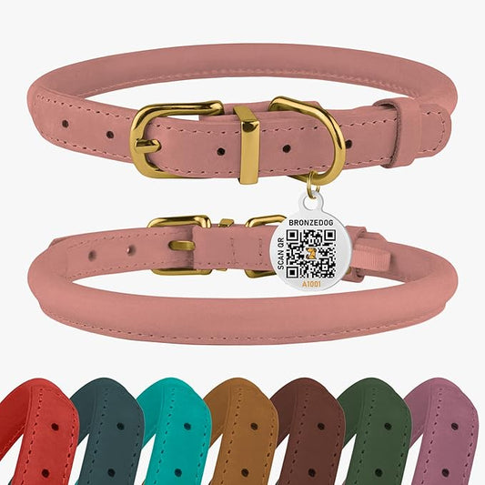 BRONZEDOG Rolled Leather Dog Collar with QR ID Tag Adjustable Soft Round Collars for Small Medium Large Dogs Puppy Cat (7" - 10" Neck Size, Blush)