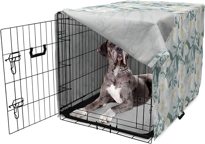 Lunarable Jasmine Dog Crate Cover, Delicate Pointy Petals Flower in Muted Tones, Easy to Use Pet Kennel Cover for Medium Large Dogs, 48 Inch, Pale Teal Pale Blue